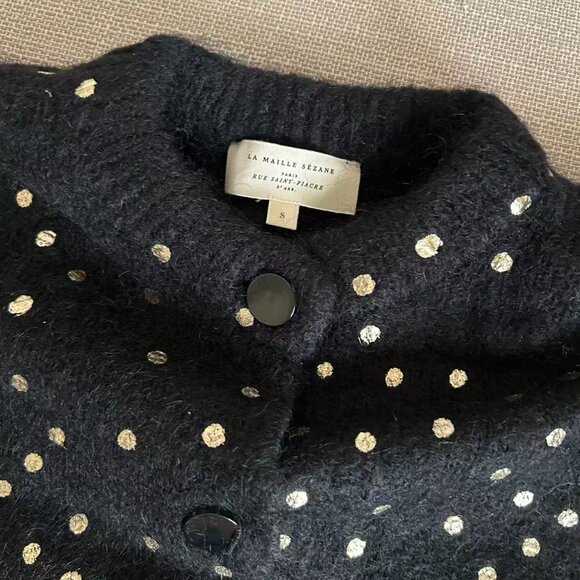 Sezane Talitha Cardigan Small Black/Gold Dots French Causal Knit Soft - Picture 8 of 11